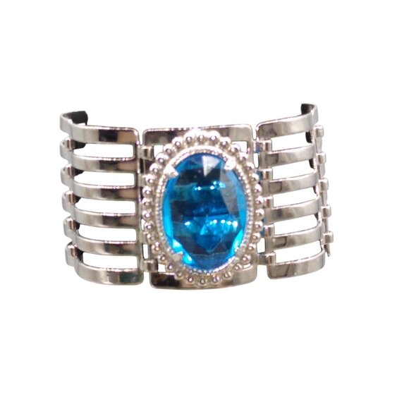 Large Oval Blue Crystal Bracelet, Royal Blue Faceted Glass on Silver Tone Lightw - Picture 5 of 5